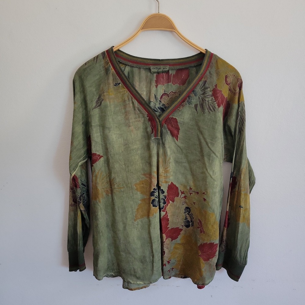 Vintage Goa Floral Top Large Green V Neck Bohemian Breezy Casual Travel Tropical